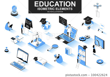 Education bundle of isometric elements. Academic cap, online library, studying student, distance learning, webinar, homework isolated icons. Isometric vector illustration kit with people characters. Education bundle of isometric elements. Academic cap, online library, studying student, distance learning, webinar, homework isolated icons. Isometric vector illustration kit with people characters. 100422624