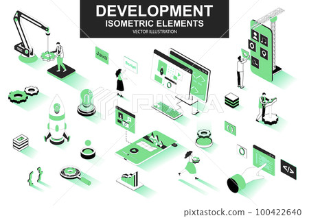 Development company bundle of isometric elements. interface prototyping, back end development, developer programming, project launch isolated icons. Isometric vector illustration kit with people. 100422640