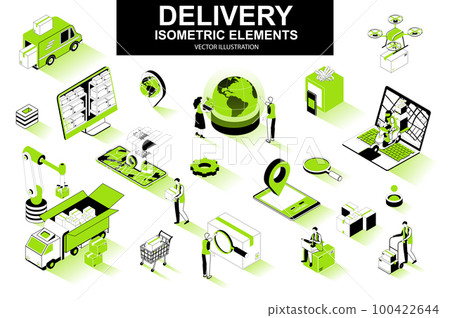 Delivery service bundle of isometric elements. Courier on scooter, delivery truck, pinpointer, warehouse worker, quadcopter, delivery box isolated icons. Isometric vector illustration kit with people. 100422644