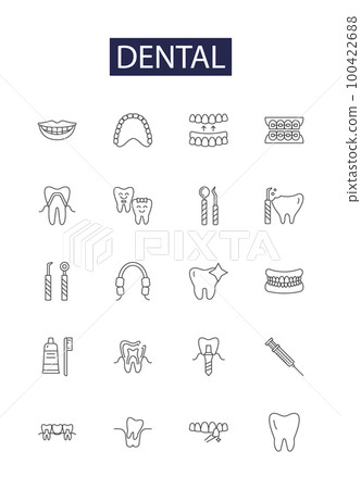 Dental line vector icons and signs. Cavity, Brushing, Flossing, Orthodontic, Crowns, Tartar, Vennering, Hygiene outline vector illustration set Dental line vector icons and signs. Cavity, Brushing, Flossing, Orthodontic, Crowns, Tartar, Vennering, Hygiene outline vector illustration set 100422688