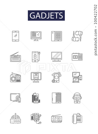 Gadjets line vector icons and signs. Devices, Electronics, Phones, Computers, Tablets, Cameras, Instruments, Appliances outline vector illustration set 100422702