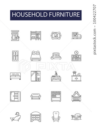 Household furniture line vector icons and signs. Couch, Chairs, Tables, Dresser, Mattress, Desk, Cabinet, Wardrobe outline vector illustration set Household furniture line vector icons and signs. Couch, Chairs, Tables, Dresser, Mattress, Desk, Cabinet, Wardrobe outline vector illustration set 100422707