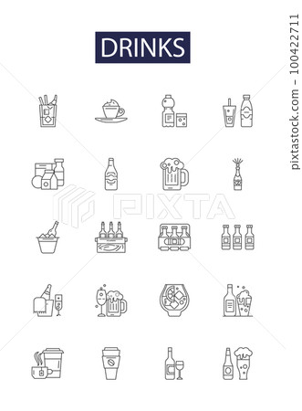 Drinks line vector icons and signs. Alcohol, Cocktail, Soda, Smoothie, Juice, Tea, Coffee, Gatorade outline vector illustration set 100422711