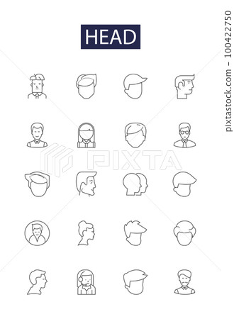 Head line vector icons and signs. Scalp, Forehead, Brain, Hairstyle, Face, Noggin, Neck, Topping outline vector illustration set 100422750