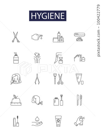 Hygiene line vector icons and signs. Hygienic, Sanitary, Sterilization, Washer, Disinfect, Wipe, Soap, Antiseptic outline vector illustration set 100422779