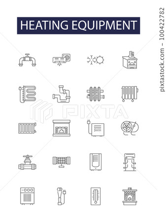 Heating equipment line vector icons and signs. Radiator, Boiler, Heat Pump, Thermostat, Humidifier, Air Conditioner, Space Heater, Fireplace outline vector illustration set Heating equipment line vector icons and signs. Radiator, Boiler, Heat Pump, Thermostat, Humidifier, Air Conditioner, Space Heater, Fireplace outline vector illustration set 100422782