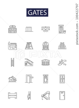 Gates line vector icons and signs. Portals, Doors, Entrances, Entryways, Archways, Openings, Passages, Egresses outline vector illustration set Gates line vector icons and signs. Portals, Doors, Entrances, Entryways, Archways, Openings, Passages, Egresses outline vector illustration set 100422797