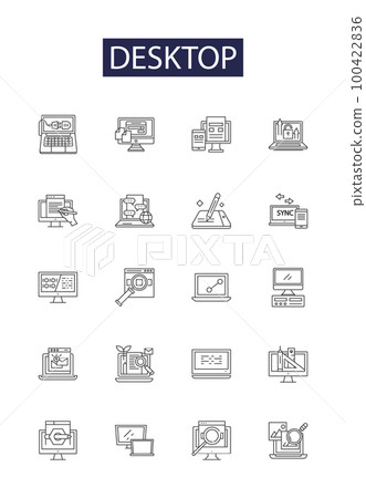 Desktop line vector icons and signs. Desktop, Monitor, CPU, Keyboard, Mouse, Screen, Printer, Tower outline vector illustration set Desktop line vector icons and signs. Desktop, Monitor, CPU, Keyboard, Mouse, Screen, Printer, Tower outline vector illustration set 100422836