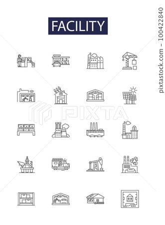Facility line vector icons and signs. Building, Site, Complex, Place, Area, Room, Locale, Hall outline vector illustration set 100422840