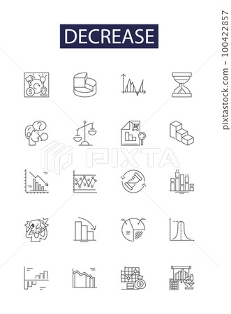 Decrease line vector icons and signs. Shrink, Reduce, Diminish, Halt, Retreat, Drop, Weaken, Fall outline vector illustration set 100422857