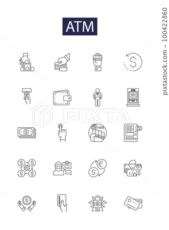 Atm line vector icons and signs. Cash, Dispenser, Machine, Withdrawal, Deposit, Card, Banking, Funds outline vector illustration set 100422860