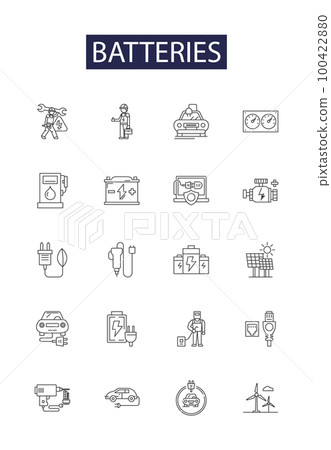 Batteries line vector icons and signs. Charger, Power, Rechargeable, Charging, Lithium, Lead-acid, Primary, Secondary outline vector illustration set 100422880