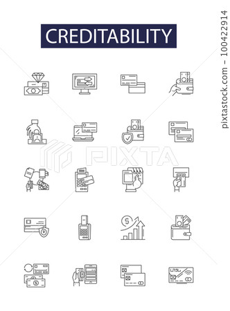 Creditability line vector icons and signs. Reputable, Trustworthiness, Reliable, Veracity, Integrity, Honest, Legitimate, Trusty outline vector illustration set 100422914