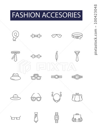 Fashion accesories line vector icons and signs. Sunglasses, Belts, Scarves, Hats, Brooches, Shoes, Wallets, Headbands outline vector illustration set 100423048