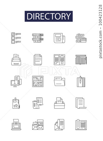 Directory line vector icons and signs. Listing, Index, Register, Roster, Record, Roll, Catalogue, Ledger outline vector illustration set 100423128