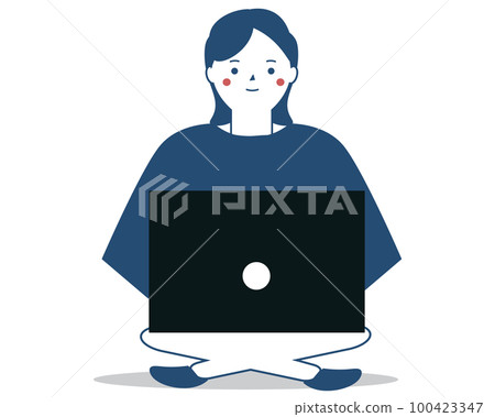 一個女人盤腿坐著,在電腦前工作。在計算機上檢查的矢量插圖 一個女人盤腿坐著,在電腦前工作。在計算機上檢查的矢量插圖 100423347