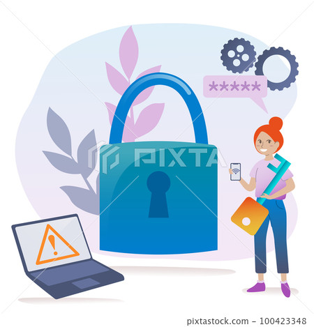 Cyber security and password strength concept. Person secures computer and smartphone with strong password. User protecting personal data with strong password. Vector illustration in cartoon style. 100423348