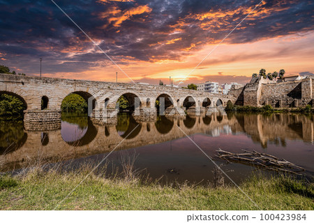 Puente Romano, the Roman Bridge in Merida, Extremadura, Spain. 100423984