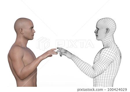 Man and and male wireframe touch with index fingers on a white background. 100424029