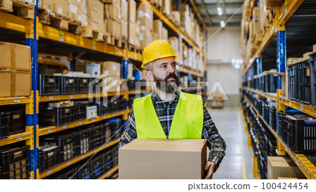 Warehouse worker stocking goods in a warehouse. Warehouse worker stocking goods in a warehouse. 100424454
