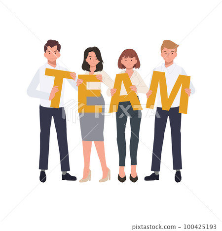 Business Teamwork concept. Successful team holding word 'TEAM' . diverse people. Business team Flat vector cartoon illustration 100425193