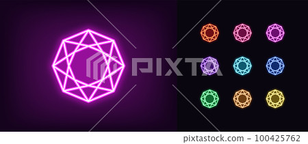 Outline neon gemstone icon set. Glowing neon diamond and brilliant stone, gem pictogram. Luxury precious jewelry, gift gemstone, premium sapphire jewel, royal emerald, superior adamant. 100425762