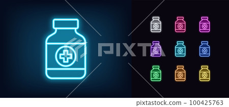 Outline neon drug bottle icon set. Glowing neon pill bottle sign, home first aid medicaments. Medical prescription and cure, painkiller pills, pharmacy remedy, vitamins, drugstore. Outline neon drug bottle icon set. Glowing neon pill bottle sign, home first aid medicaments. Medical prescription and cure, painkiller pills, pharmacy remedy, vitamins, drugstore. 100425763