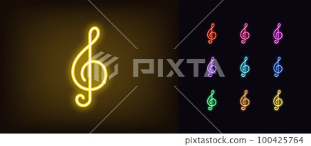 Outline neon treble clef icon set. Glowing neon music note glyph, violin key pictogram. Treble clef note, classical music and melody, symphony, musical concert and performance. Outline neon treble clef icon set. Glowing neon music note glyph, violin key pictogram. Treble clef note, classical music and melody, symphony, musical concert and performance. 100425764