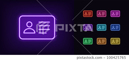 Outline neon ID card icon set. Glowing neon personal ID card, driver license pictogram. National ID document, passport, identification identity, personal badge, work pass, verification. Outline neon ID card icon set. Glowing neon personal ID card, driver license pictogram. National ID document, passport, identification identity, personal badge, work pass, verification. 100425765