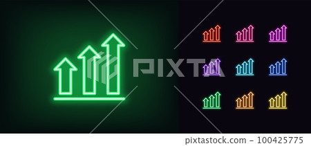 Outline neon growth arrow bars icon set. Glowing neon upward chart trend sign, rise arrow bars. Financial forecast, rise in shares, growth level, increase profit, growing trend. Outline neon growth arrow bars icon set. Glowing neon upward chart trend sign, rise arrow bars. Financial forecast, rise in shares, growth level, increase profit, growing trend. 100425775