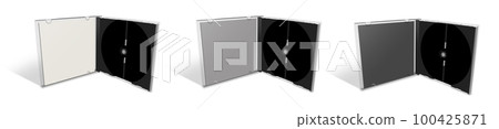 Three CD or DVD blank template white, grey and black for presentation layouts and design. 3D rendering. 100425871
