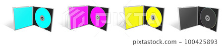 Four CMYK CD or DVD blank template red, green and blue for presentation layouts and design. 3D rendering. 100425893