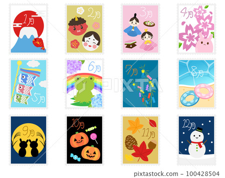 Stamp style calendar icon 12 types set Stamp style calendar icon 12 types set 100428504