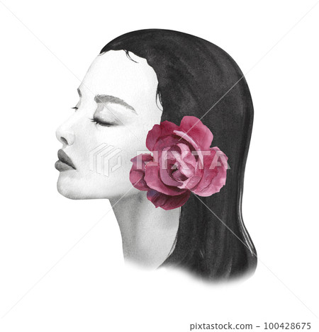 Watercolor illustration of portrait of beautiful girl in black and white with magenta peony roses isolated on a white background. Gentle silhouette 100428675