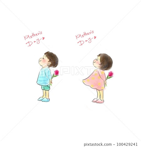 Illustration of a boy and a girl trying to present a carnation on Mother's Day Illustration of a boy and a girl trying to present a carnation on Mother's Day 100429241