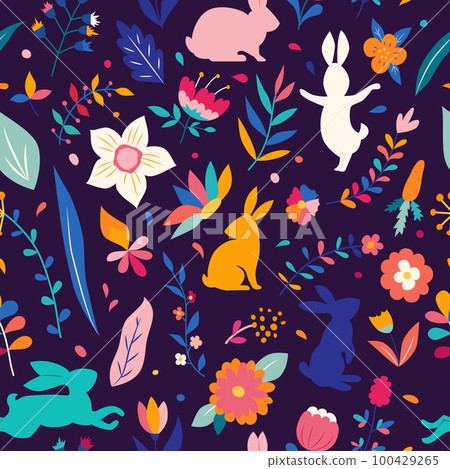 Seamless Easter pattern. Trendy Easter design flowers and bunny. Silhouette of a rabbits on a dark background with decorative floral elements 100429265