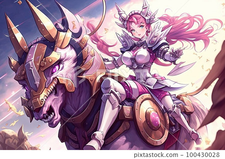 Magical girl riding a giant robot unicorn while casting spells to defeat an evil clown army, manga style illustration generative ai 100430028