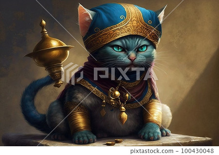Cat as Alladin Genie lamp illustration generative ai 100430048