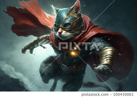 Cat playing the role of a superhero, wearing a cape and mask and using its claws to fight off alien invaders illustration generative ai 100430061