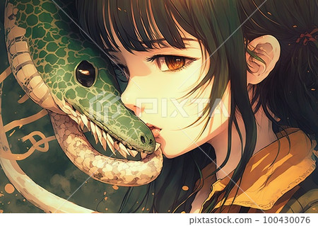 Beautiful girl kissing a snake, manga style Anime character illustration generative ai Beautiful girl kissing a snake, manga style Anime character illustration generative ai 100430076