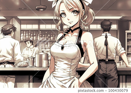 A manga waitress beautiful girl, manga style illustration generative ai 100430079