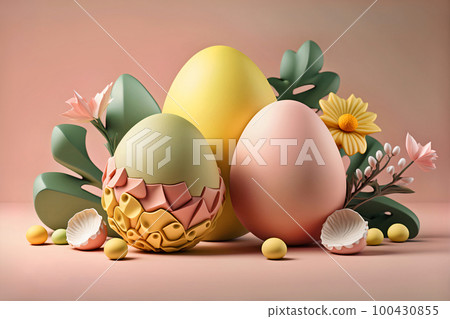 Easter poster or template with Easter eggs on light background. Easter poster or template with Easter eggs on light background. 100430855