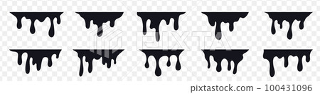 Liquid paint dripping. Black melt drop set. Blood, oil and liquid blob isolated. Vector illustration Liquid paint dripping. Black melt drop set. Blood, oil and liquid blob isolated. Vector illustration 100431096