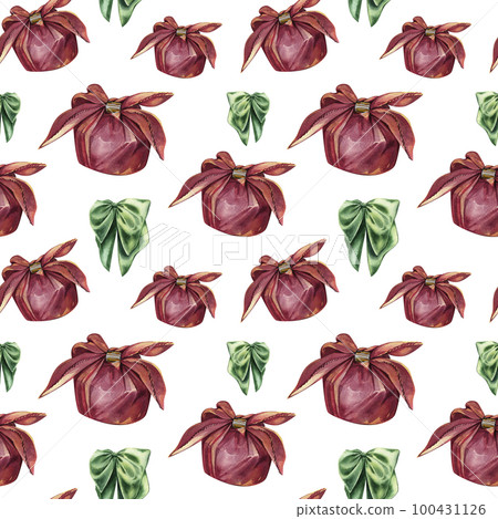 Seamless pattern with burgundy textile gift box, bow knot on white. Watercolor hand drawn illustration. Art for design Seamless pattern with burgundy textile gift box, bow knot on white. Watercolor hand drawn illustration. Art for design 100431126