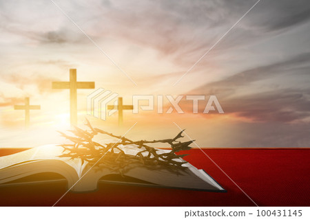 Christian Cross and open book with a crown of thorns 100431145