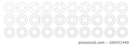 Fractions pie divided for math. Circle pie with pieces. Segment slice set. Simple geometry. Vector isolated illustration 100431440
