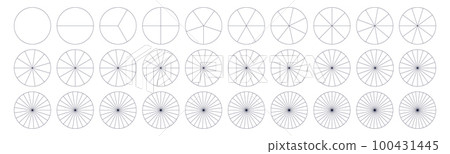 Fractions pie divided for math. Circle pie with pieces. Segment slice set. Simple geometry. Vector isolated illustration 100431445