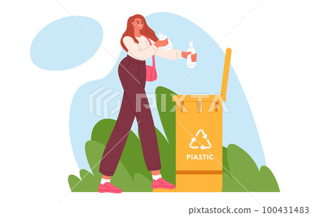Woman with trash. Person take out garbage. Recycle concept. Flat vector illustration Woman with trash. Person take out garbage. Recycle concept. Flat vector illustration 100431483