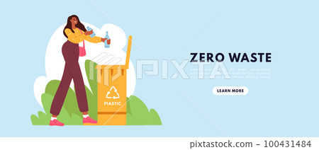 Zero waste life concept. Woman sorting waste to garbage containers for plastic. Sorting and Recycling concept. Flat vector illustration Zero waste life concept. Woman sorting waste to garbage containers for plastic. Sorting and Recycling concept. Flat vector illustration 100431484