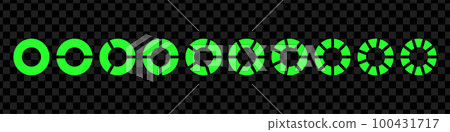 Fractions pie divided for math. Green circle pie with pieces. Segment slice set. Simple geometry. Vector isolated illustration 100431717